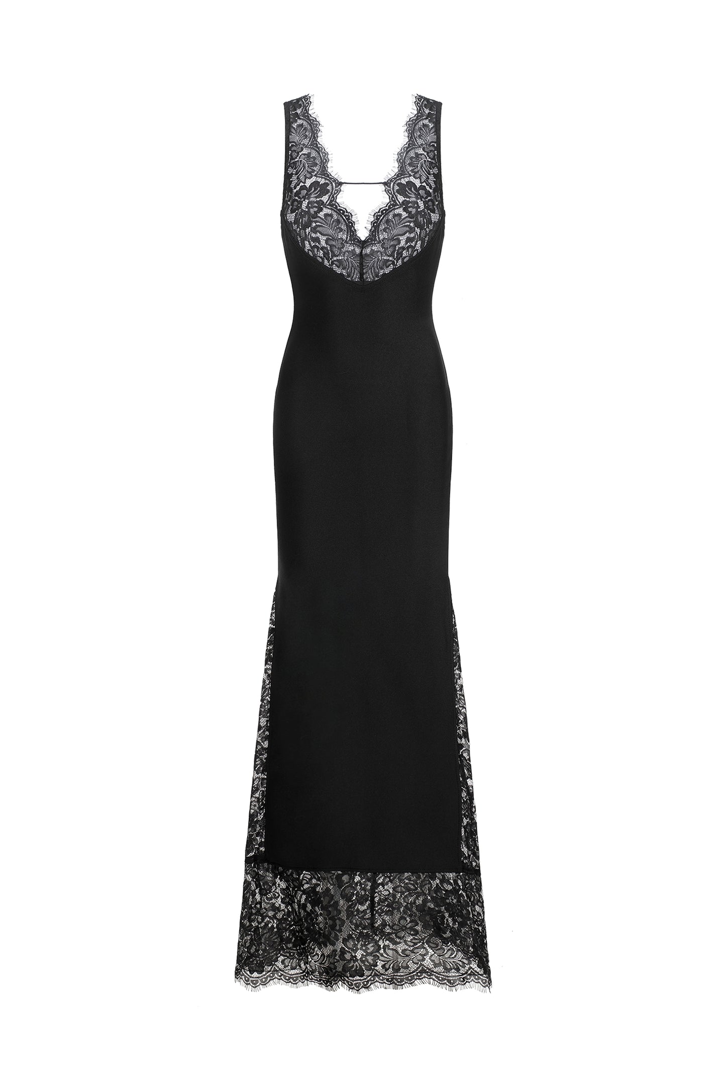 Vestido Maxi Janano em Renda com Decote em V Profundo - Preto