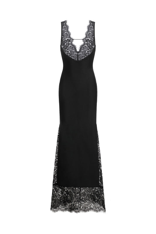 Vestido Maxi Janano em Renda com Decote em V Profundo - Preto