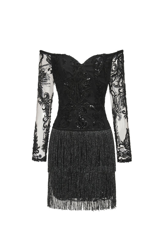 Vestido Mini Ludia com Renda, Paetês e Franja Ombro a Ombro