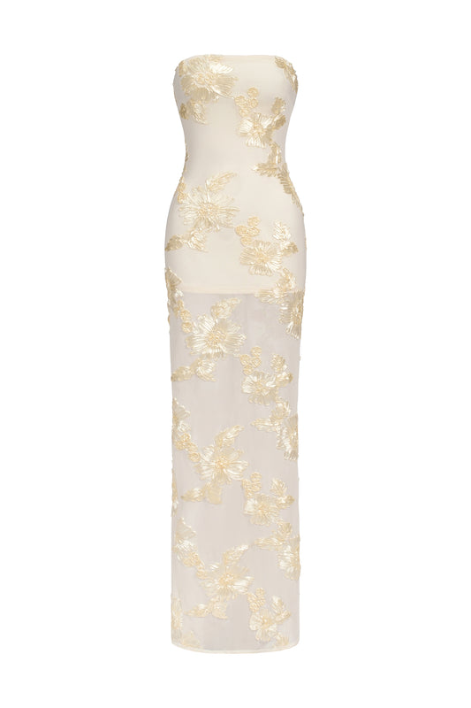 Vestido Maxi Deliyn com Bordado Floral e Mesh Sem Alças