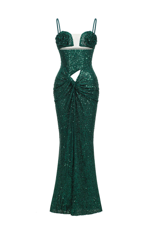 Vestido Maxi Megan com Cut-Out, Abertura e Paetê - Verde