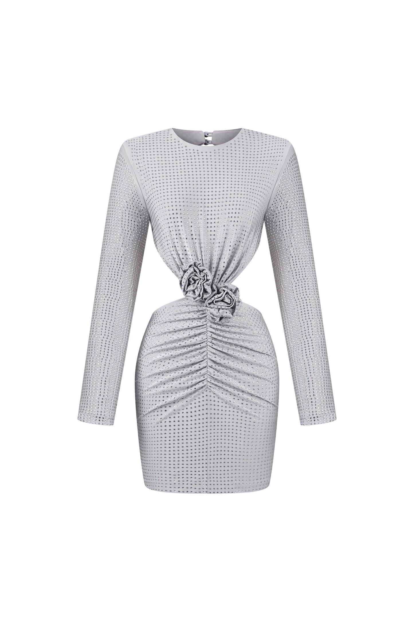 Vestido Mini Ella Manga Longa com Flores, Decote nas Costas e Strass