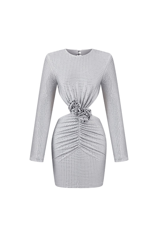 Vestido Mini Ella Manga Longa com Flores, Decote nas Costas e Strass