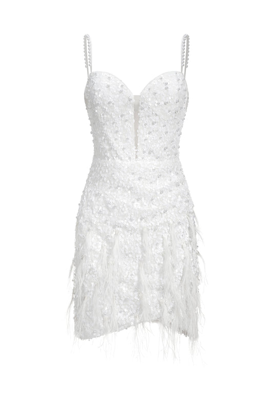 Vestido Mini Tryphosa com Paetês e Plumas