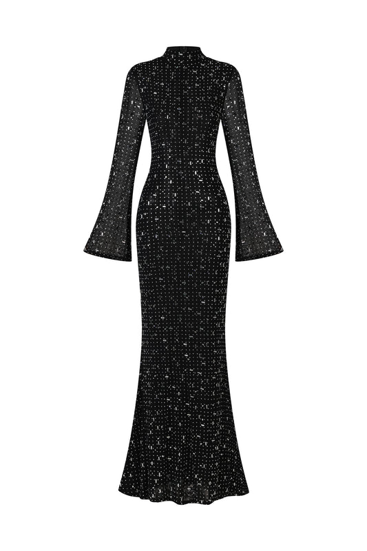 Maxi Dress Eurien Gargantilha com Manga Longa e Padrão Geométrico