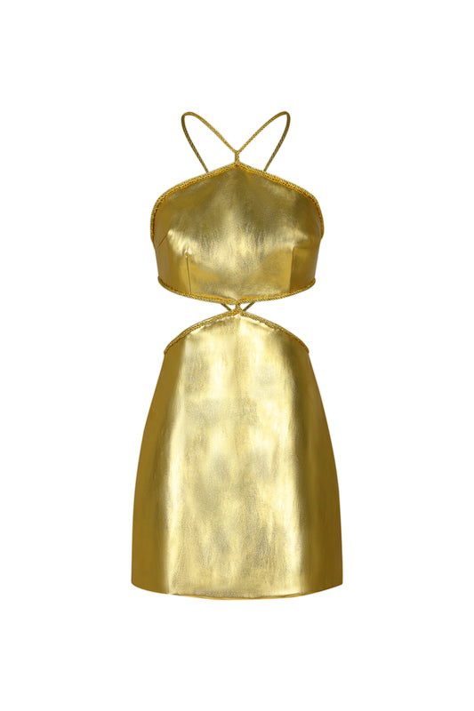 Vestido Mini Pola com Costas Nuas em Couro