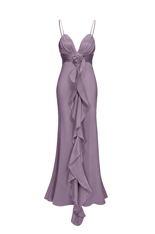 Vestido Maxi Yvonne Sem Mangas Decote em V com Flores Roxo