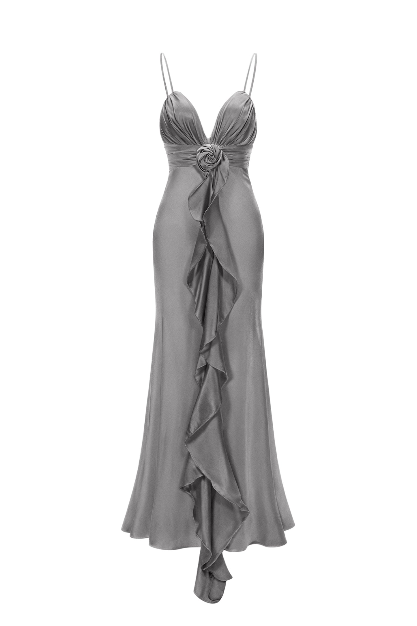Vestido Maxi Yvonne Sem Mangas Decote em V com Flores Cinza
