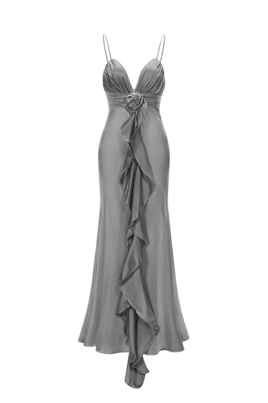 Vestido Maxi Yvonne Sem Mangas Decote em V com Flores Cinza