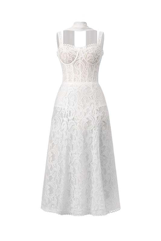 Vestido Midi Junya em Renda com Espartilho Sem Mangas