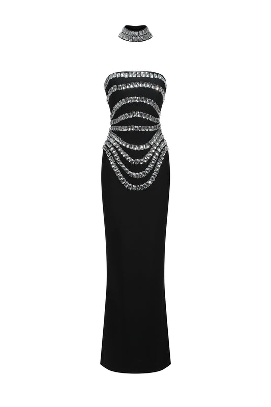 Vestido Maxi Wanda com Aplicações de Diamantes