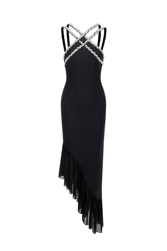 Vestido Maxi Nialla sem Mangas com Detalhes em Strass