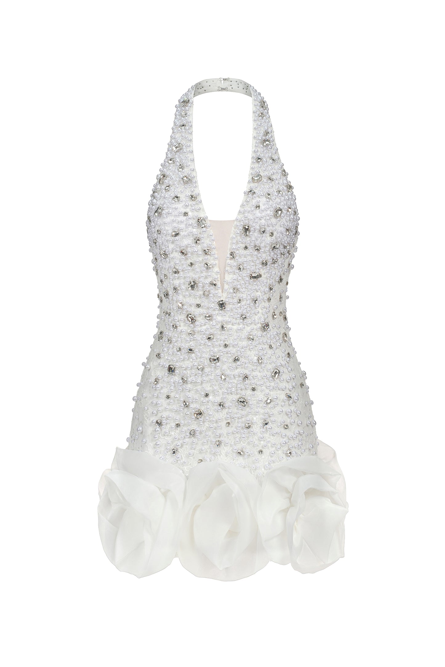 Vestido Mini Tove sem Mangas, Decote em V com Flores em Strass