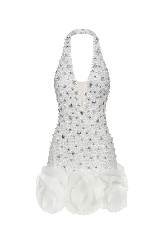 Vestido Mini Tove sem Mangas, Decote em V com Flores em Strass