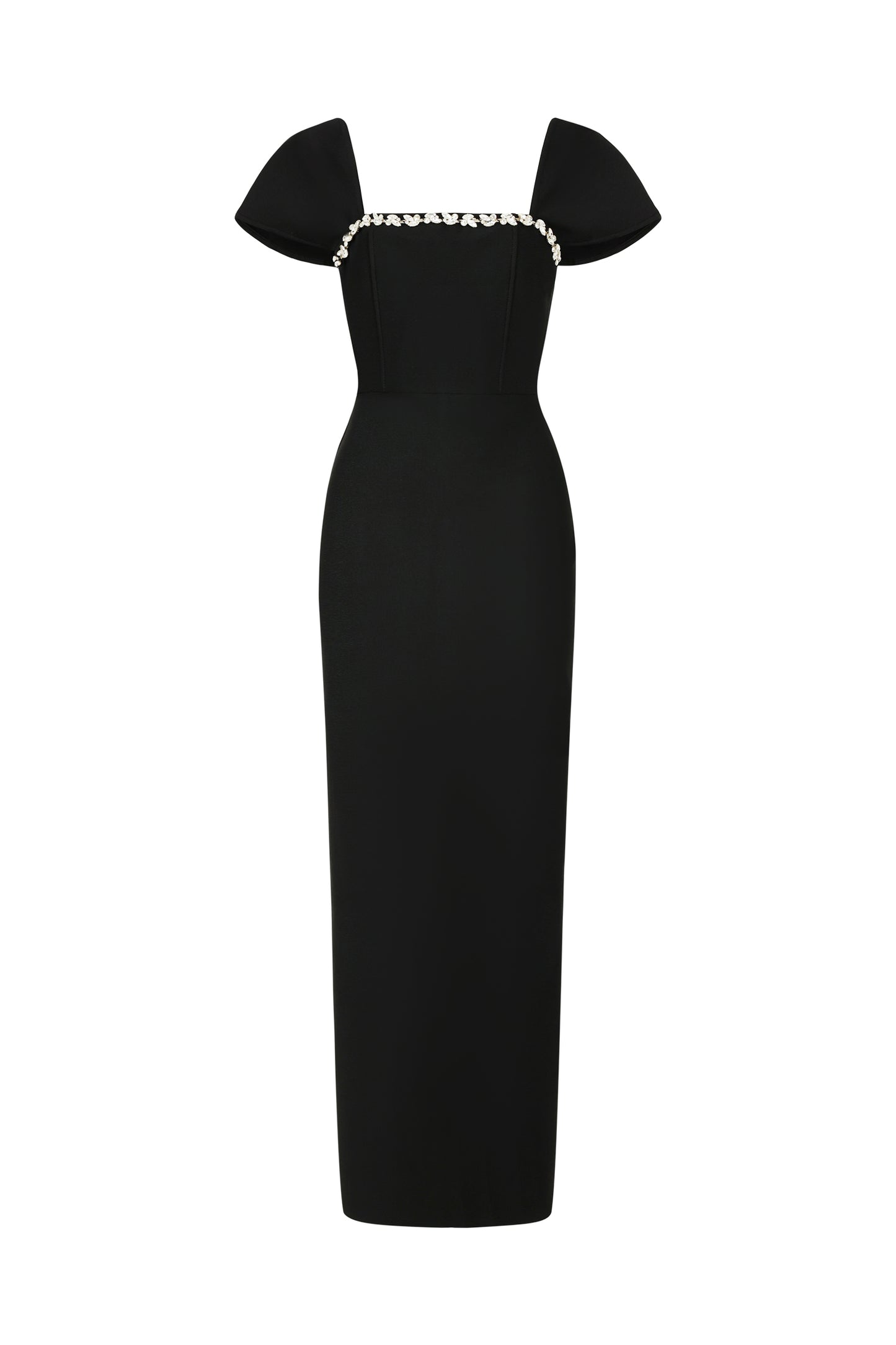 Vestido Maxi Romelle com Manga Curta e Aplicação Diamante