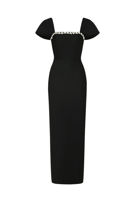 Vestido Maxi Romelle com Manga Curta e Aplicação Diamante