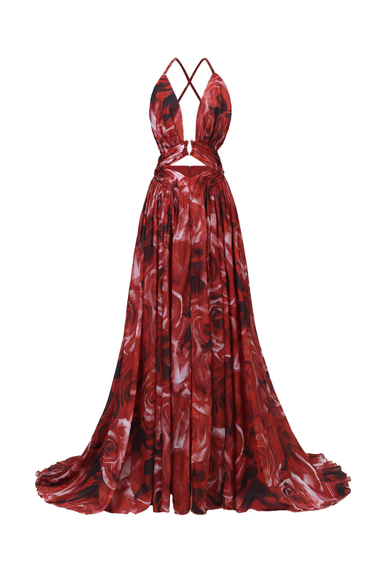 Vestido Maxi Zem Halter com Pérolas e Decote em V Vazado