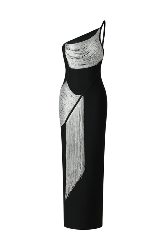 Vestido Maxi Roanna com Um Ombro e Franjas