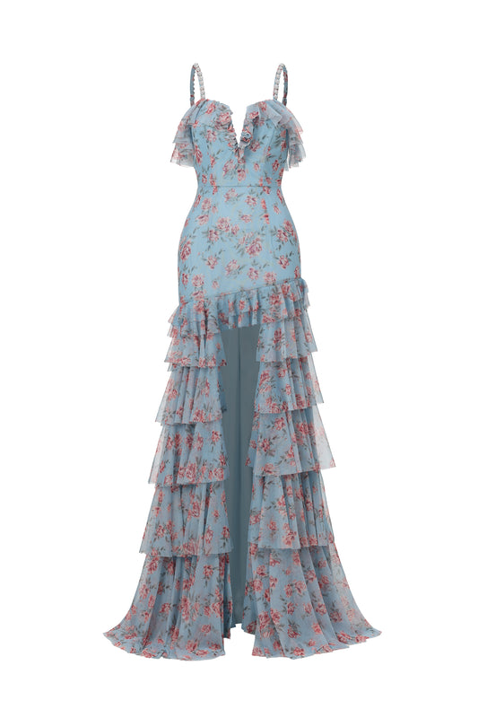 Vestido Maxi Haliy com Padronagem Floral e Babado