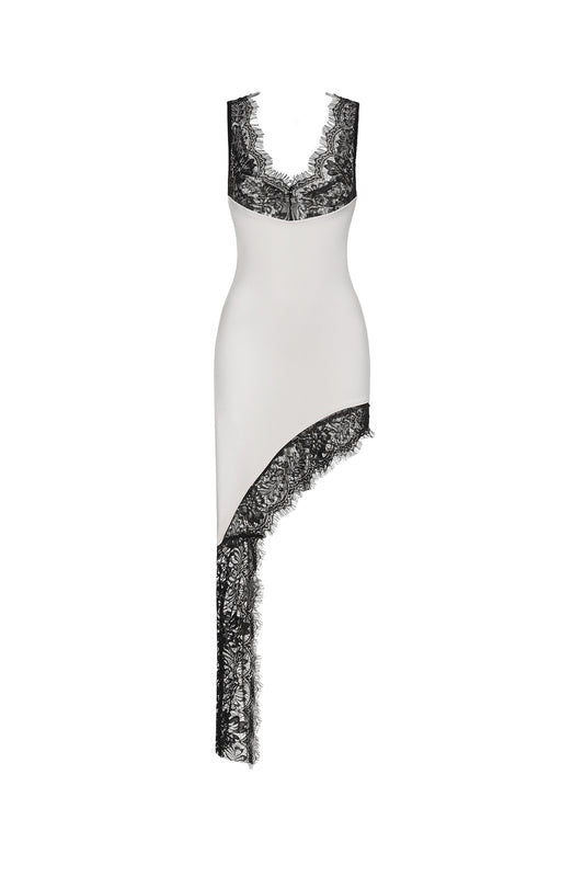 Vestido Midi Pasha sem Mangas em Renda e Bandage