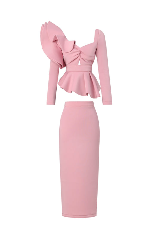 Vestido Maxi Faray com Babados e Mangas Longas Rosa