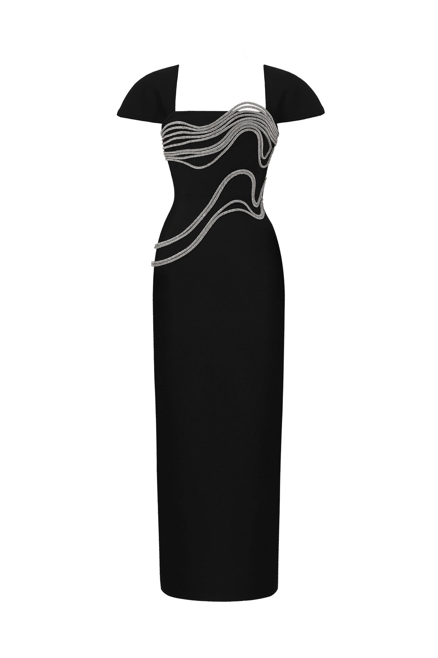 Vestido Vako: Bandage Maxi com Decote Baixo e Aplicações em Cristal