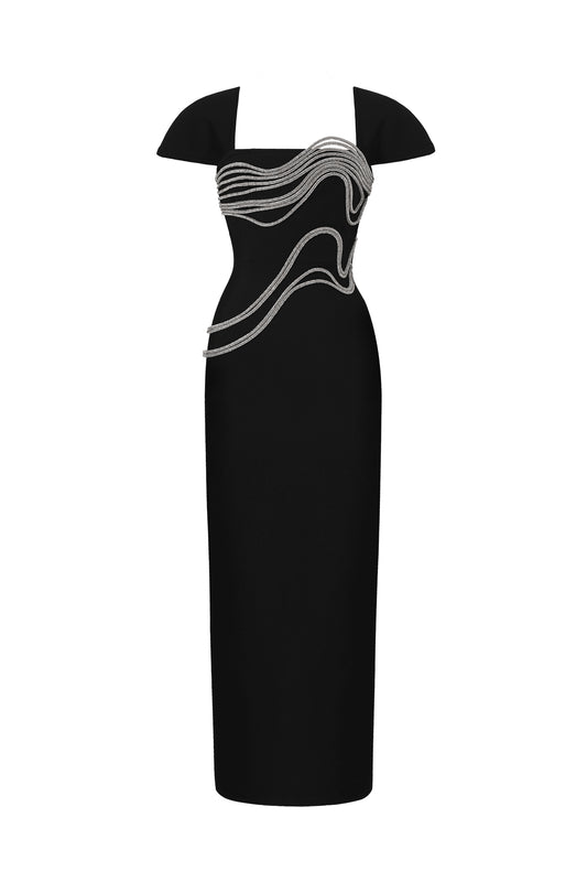 Vestido Vako: Bandage Maxi com Decote Baixo e Aplicações em Cristal
