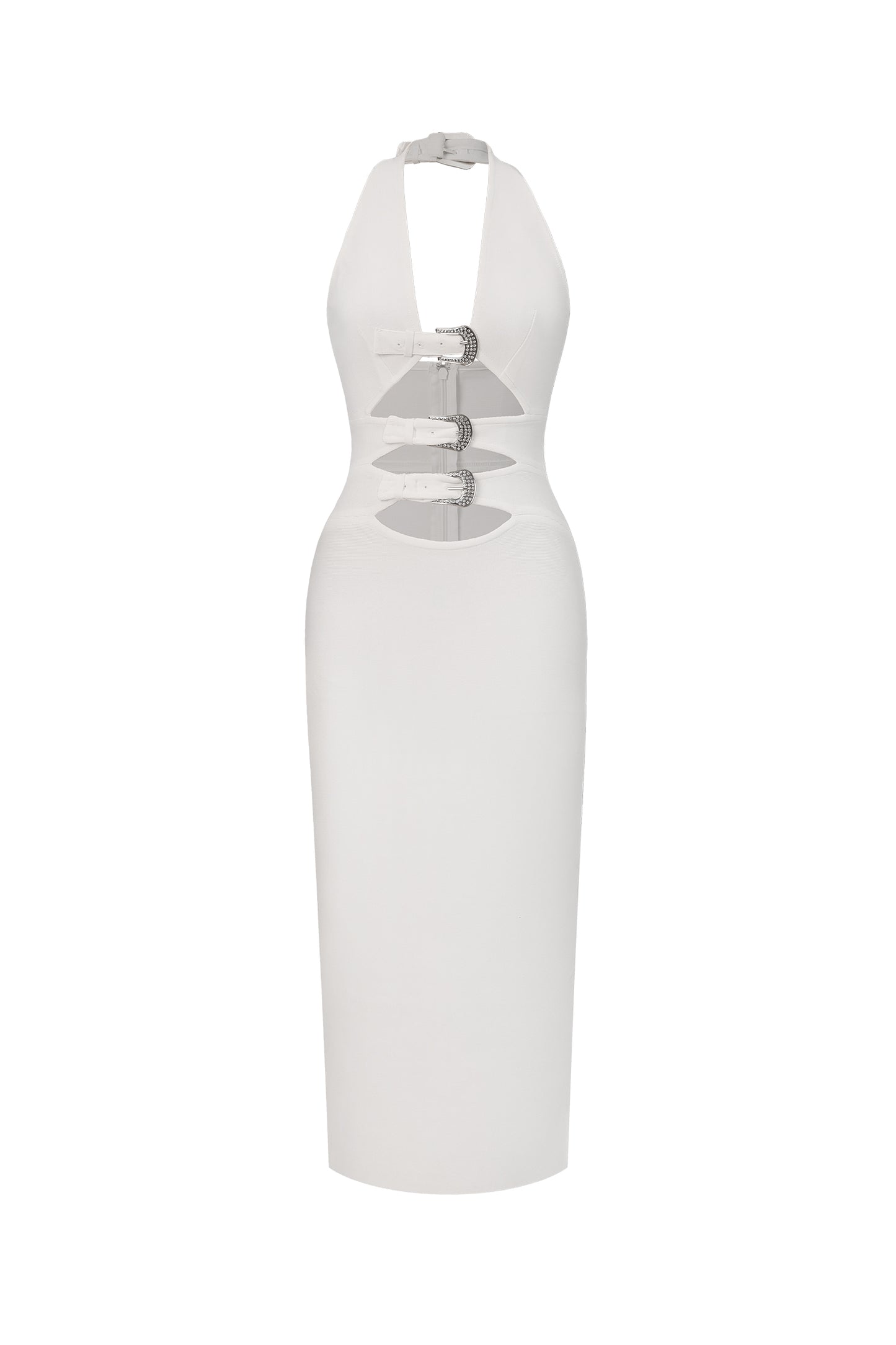 Vestido Midi Viane Halter com Cut-Out e Fivela Metálica