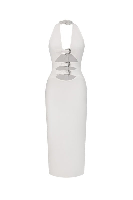 Vestido Midi Viane Halter com Cut-Out e Fivela Metálica
