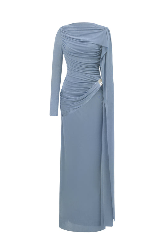Vestido Maxi Azul Tihila com Pregas e Manga Longa
