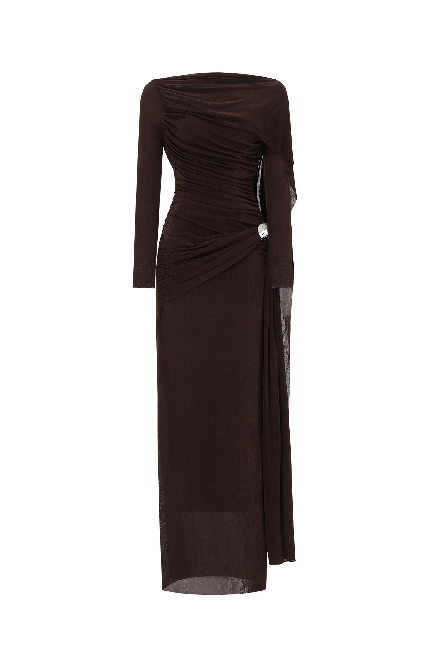 Vestido Maxi Tihila Manga Longa com Franzidos em Marrom