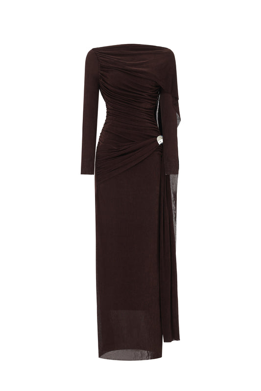 Vestido Maxi Tihila Manga Longa com Franzidos em Marrom