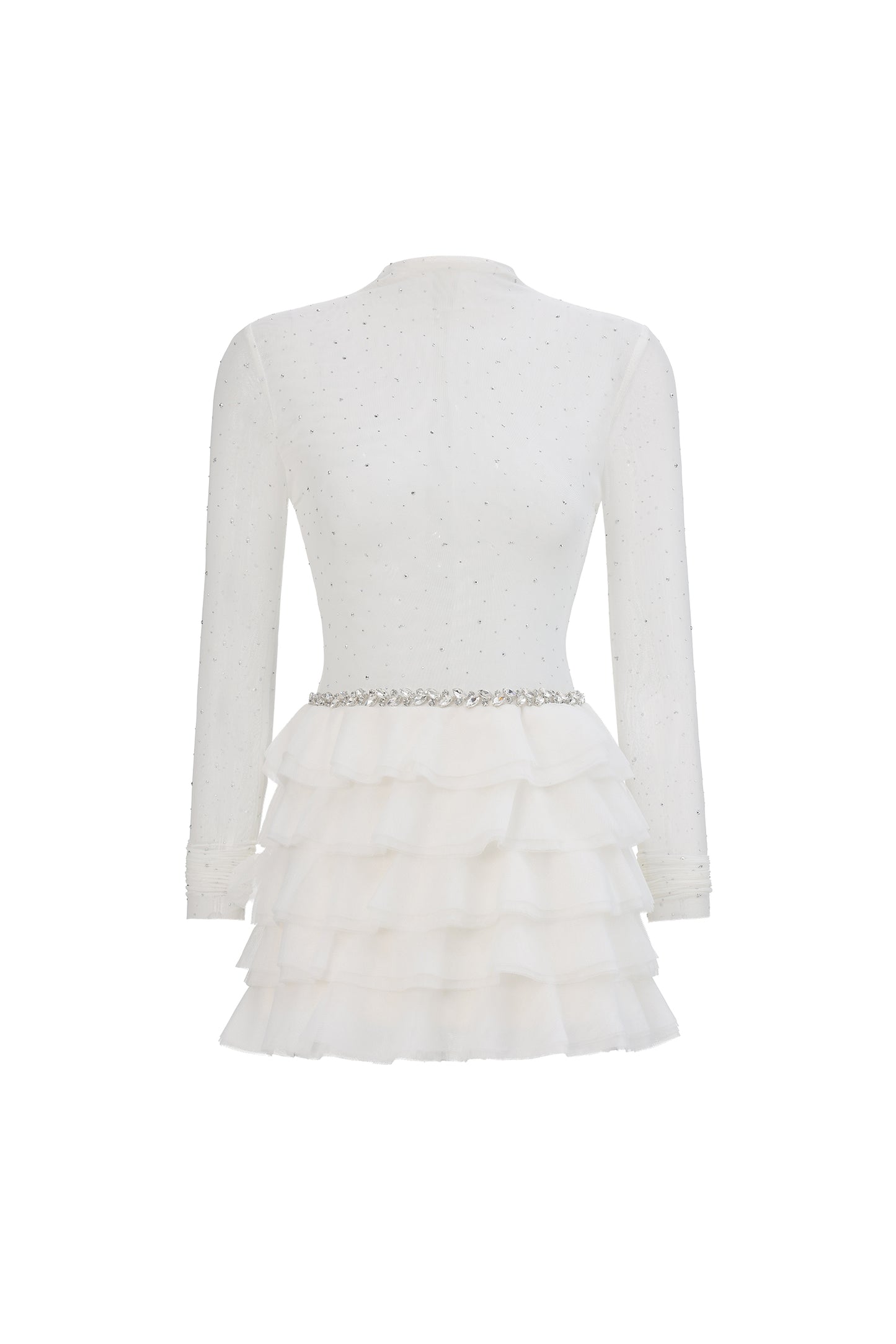 Vestido Mini Kerta com Babado, Mesh e Cristais