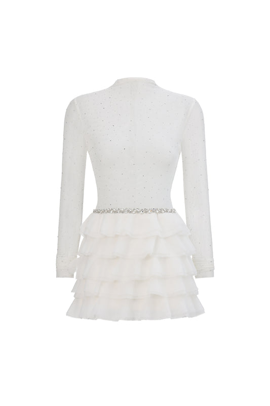 Vestido Mini Kerta com Babado, Mesh e Cristais