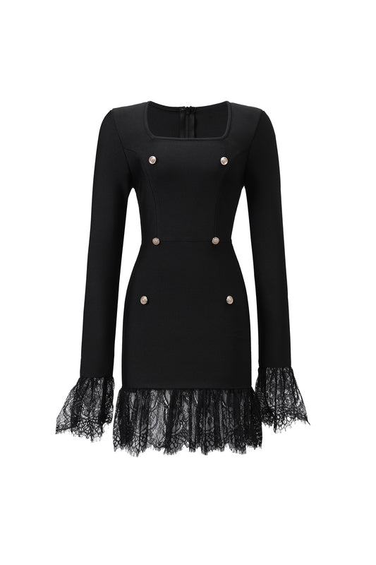 Vestido Mini Sydney com Botões Strass e Renda
