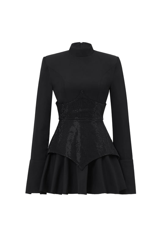 Vestido Mini Tanria com Manga Longa e Detalhes Cristal