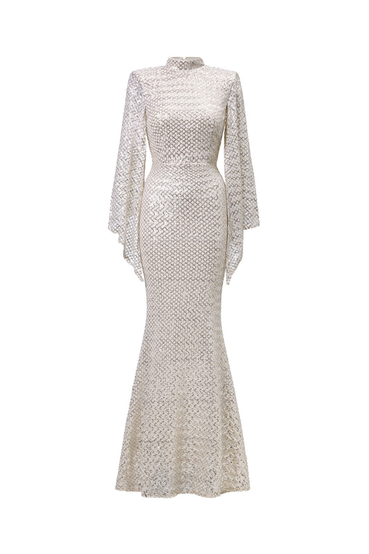 Vestido Euen Elegante Manga Capa Paetês Maxi