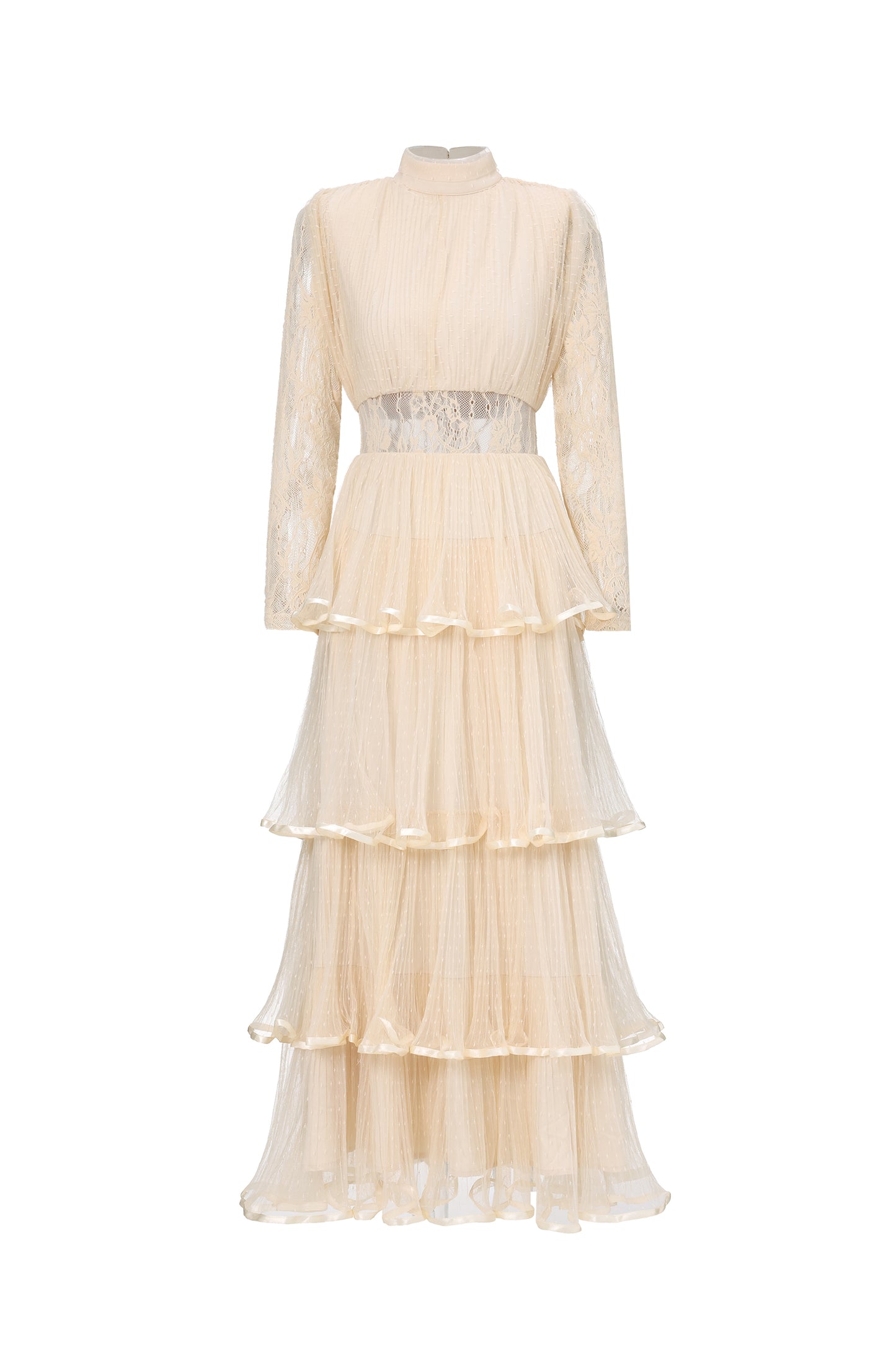 Vestido Maxi Yannei Romântico com Manga Longa, Renda e Tule em Camadas