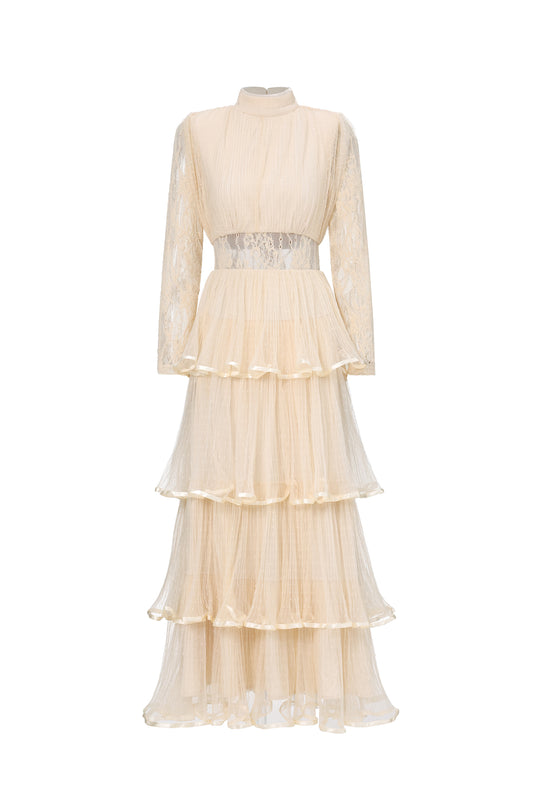 Vestido Maxi Yannei Romântico com Manga Longa, Renda e Tule em Camadas
