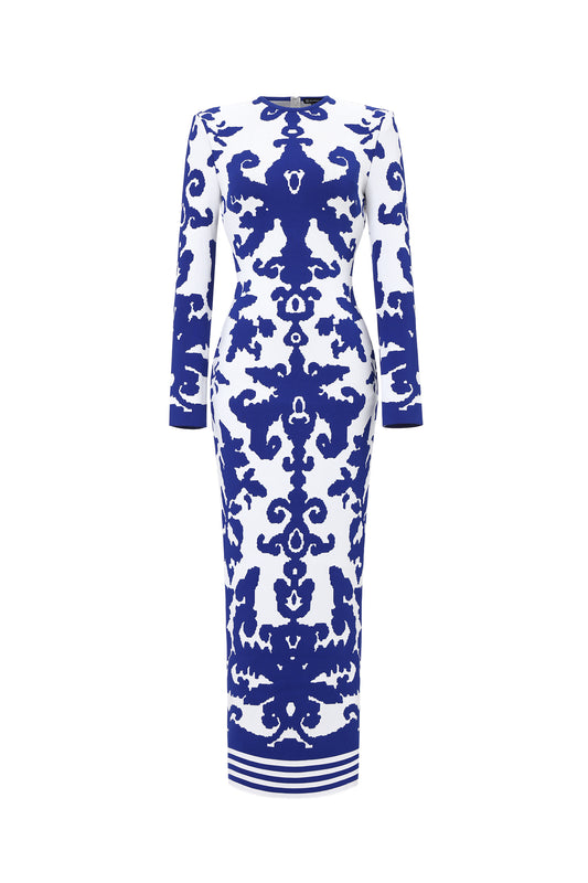 Vestido Maxi em Jacquard com Gola Redonda e Manga Longa