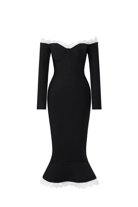 Vestido Midi Lousia com Ombro a Ombro, Botões e Acabamento em Renda