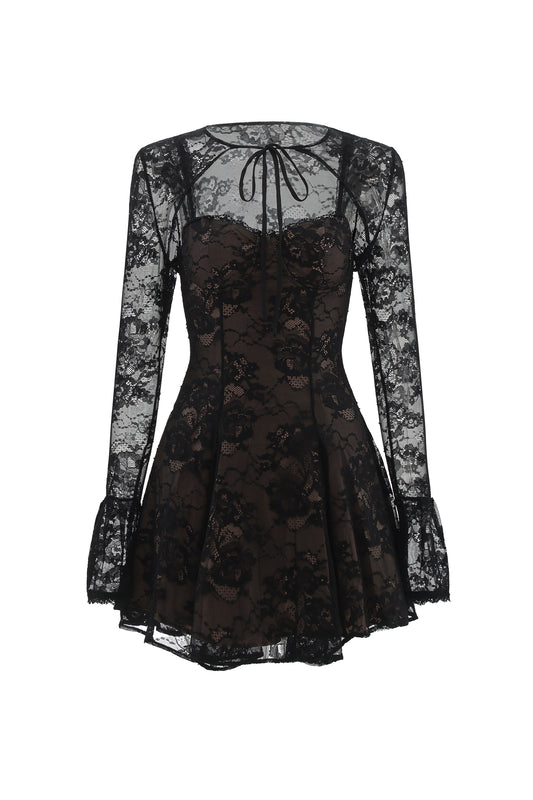 Vestido Mini Kiera em Renda com Manga Longa