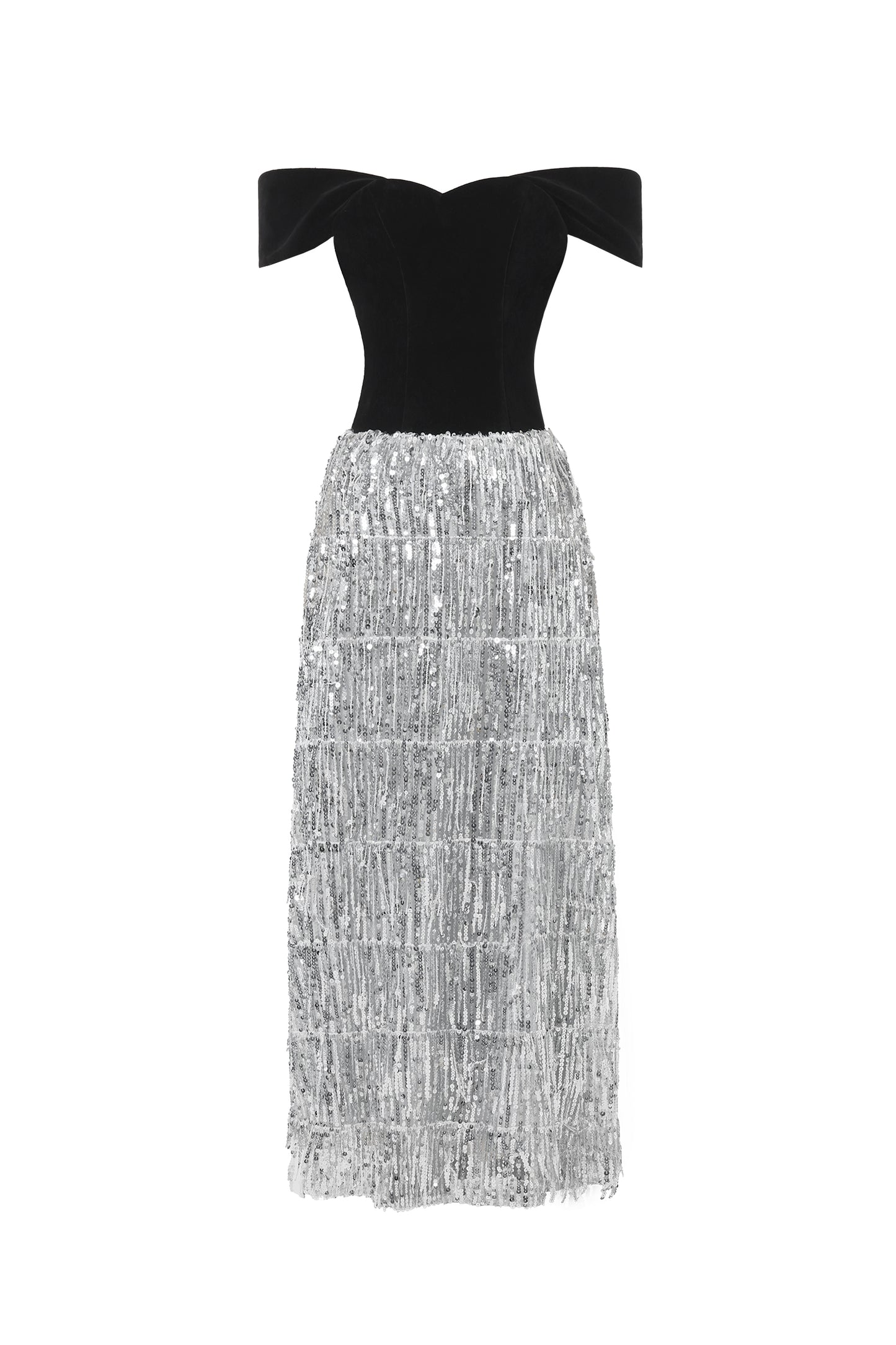 Vestido Maxi Merrit Glamouroso com Ombro a Ombro e Franjas de Veludo
