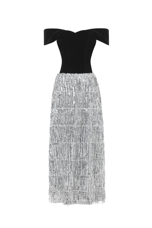 Vestido Maxi Merrit Glamouroso com Ombro a Ombro e Franjas de Veludo