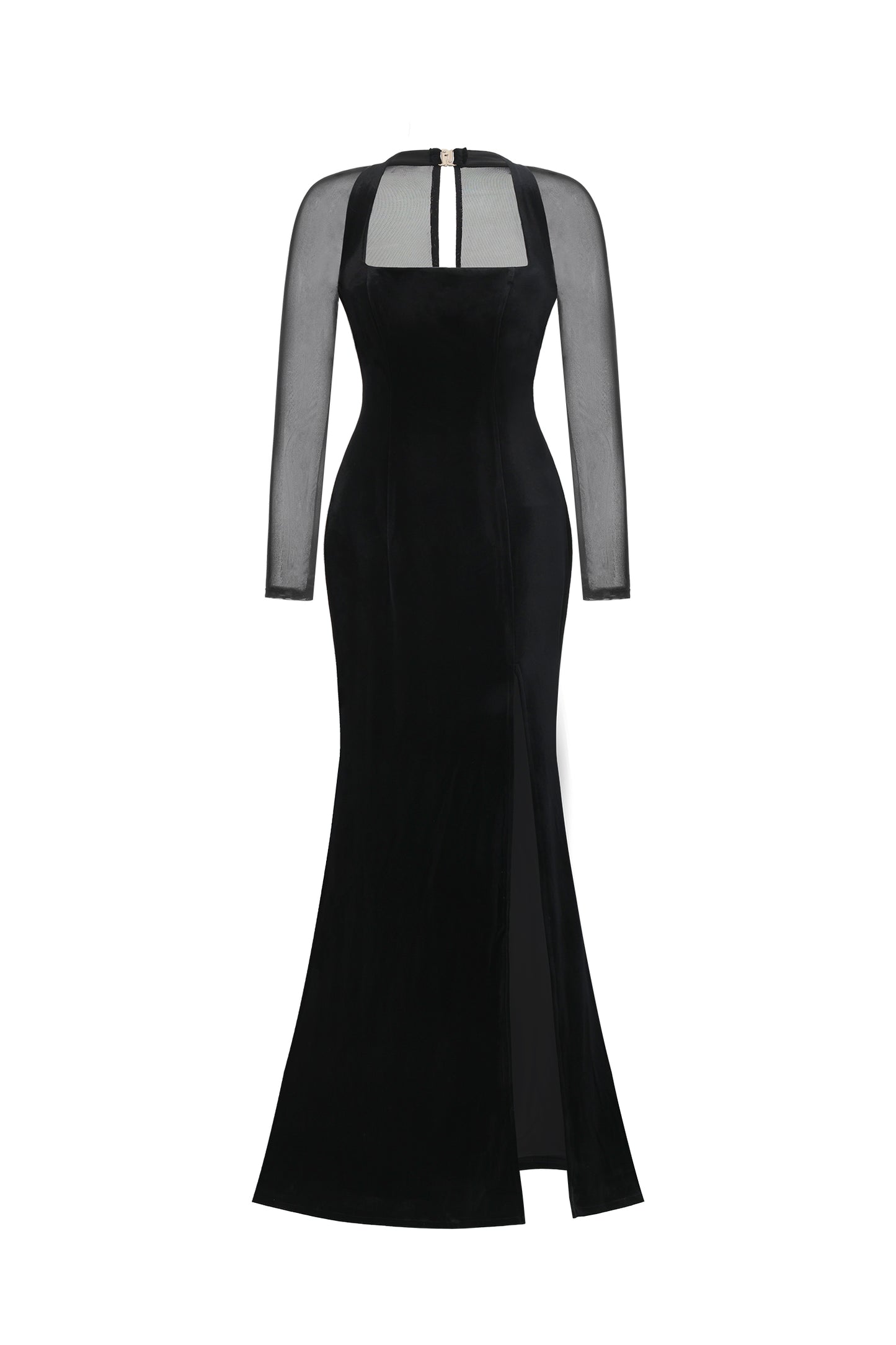 Vestido Maxi Rae em Veludo com Fenda Manga Longa