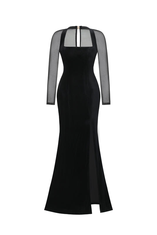 Vestido Maxi Rae em Veludo com Fenda Manga Longa