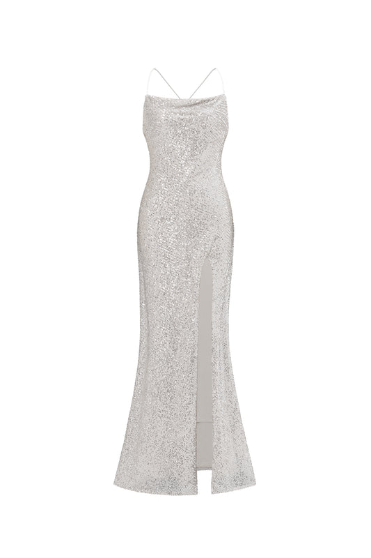 Vestido Maxi Fagra Glamouroso com Abertura Lateral e Paetê