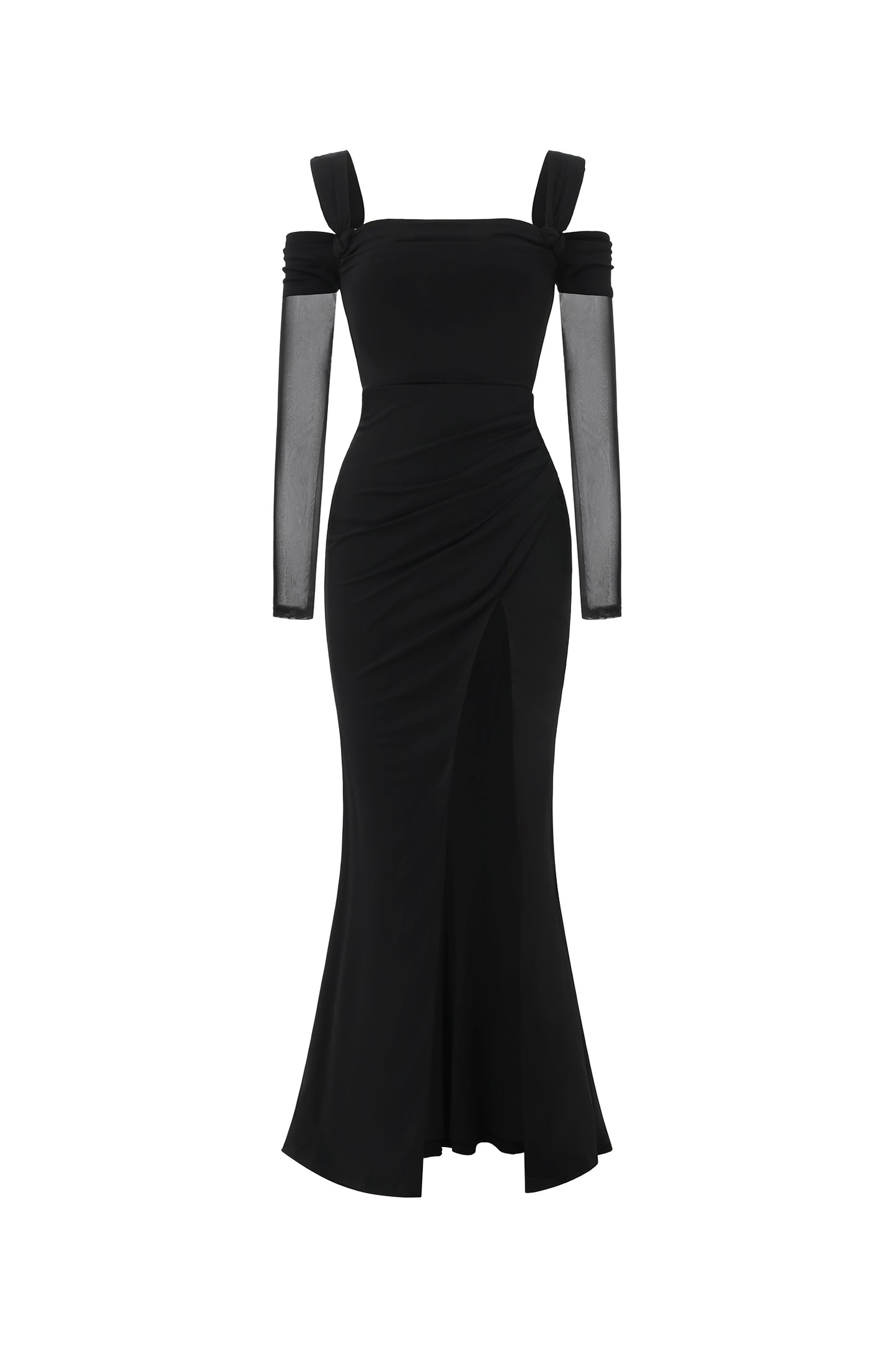 Vestido Maxi Lorin com Ombros à Mostra, Manga Longa e Fenda Alta