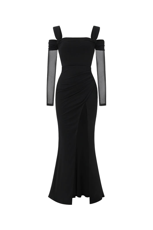 Vestido Maxi Lorin com Ombros à Mostra, Manga Longa e Fenda Alta