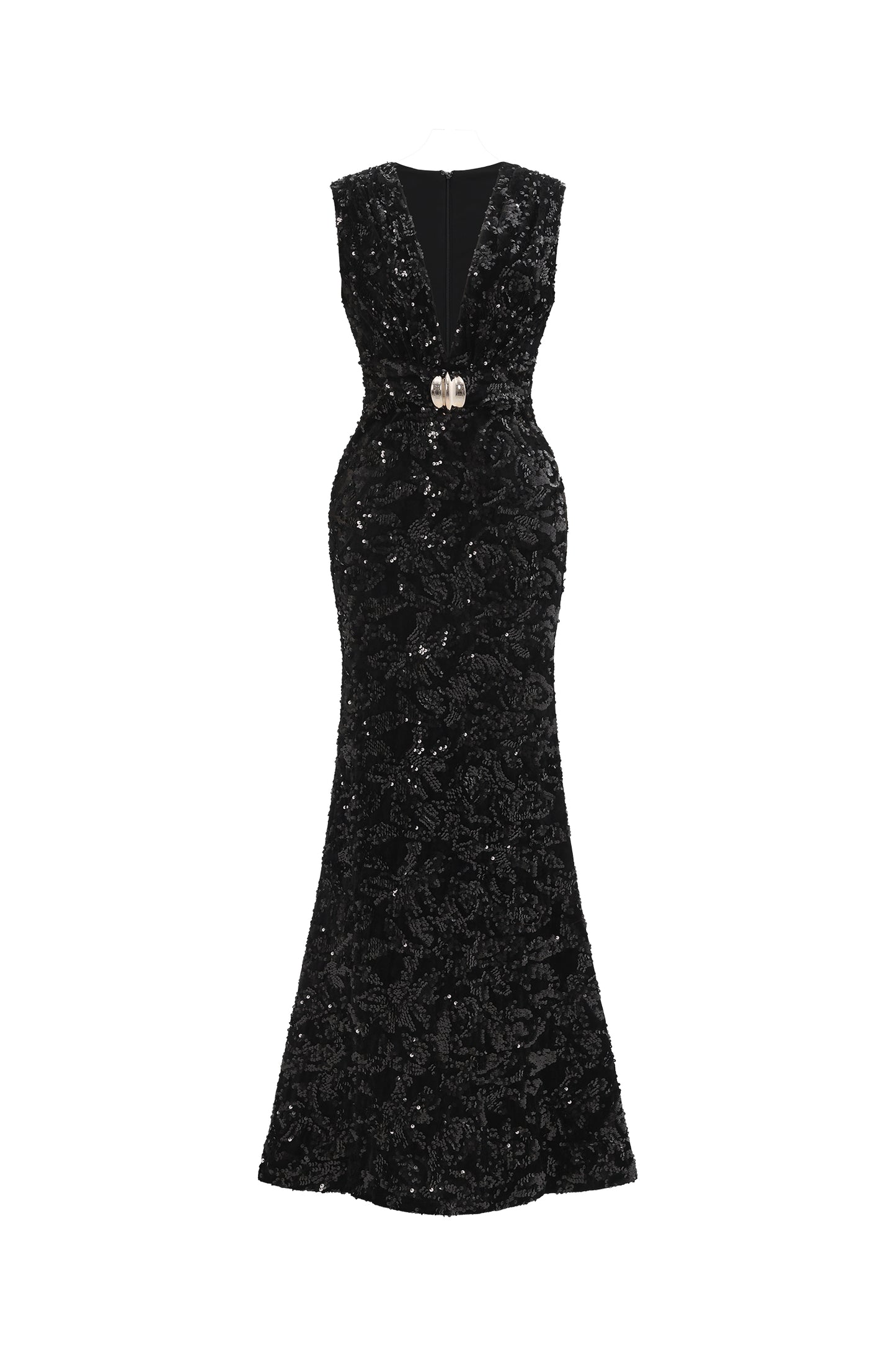 Vestido Maxi Contour sem Mangas com Decote V Profundo e Fivela Metálica em Paetê Veludo